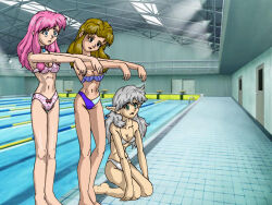 bikini blue_eyes brown_eyes brown_hair character_request choker cleavage elf_ears expressionless female_only femsub green_eyes grey_hair kneeling malroth multiple_girls open_mouth pink_hair pool sketch standing standing_at_attention traditional zombie_walk