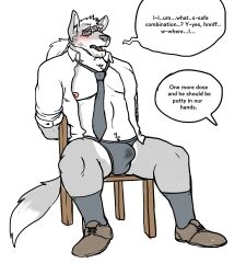 arms_behind_back blush bondage bulge chair dazed furry glasses hyenaface hypnotic_drug long_hair male_only malesub open_clothes open_mouth open_shirt original penis ponytail precum simple_background sitting solo text tie underwear white_background wolf_boy