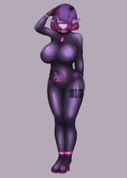  barcode bodysuit boots breasts catsuit collar crotch_tattoo elf_ears expressionless female_only femsub huge_breasts latex multicolored_hair navel purple_hair purple_skin rubber saluting simple_background standing tattoo tech_control tight_clothing visor vitse54 