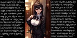 ai_art angry black_hair caption eternalchaos_(manipper) femdom hypnotic_breasts large_breasts looking_at_viewer malesub manip open_mouth pov pov_sub school_uniform text 