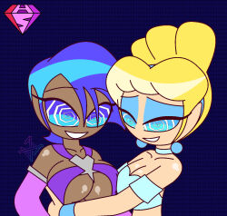  alternate_costume aqua_(kingdom_hearts) bare_shoulders blonde_hair blue_hair breasts choker cinderella cinderella_(movie) cleavage clothed dark_skin disney earrings eyeshadow female_only femsub happy_trance hug hypnoscream kingdom_hearts kingdom_hearts_birth_by_sleep large_breasts makeup princess royalty short_hair smile spiralwash_eyes square_enix yuri 
