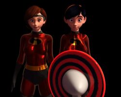 3d animated belt black_background black_hair bodysuit breasts brown_hair disney expressionless femsub gloves headdress headphones helen_parr hypnovideotoo long_hair mother_and_daughter short_hair spiral standing standing_at_attention tech_control the_incredibles thigh_boots thighhighs video violet_parr