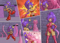 blue_eyes comic drone female_only femdom femsub genie happy_trance kissing long_hair mythkaz pink_eyes ponytail purple_hair shantae shantae_(series) slime tagme yuri 