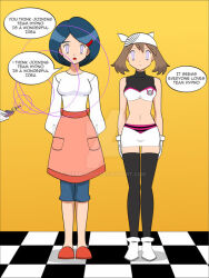 blue_hair brown_hair dialogue femdom femsub hypnotized_hypnotist jimryu johanna may nintendo pokemon short_hair team_hypno tech_control watermark