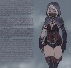 armor boots breasts caption caption_only cleavage corset expressionless female_only femsub grima180_(manipper) happy_trance heterochromia hood houtengeki knife large_breasts maledom manip mask pink_eyes short_hair text thigh_boots thighhighs veil white_hair yellow_eyes
