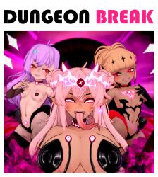  3d ahoge alternate_costume arm_warmers ballerina bangs bare_shoulders before_and_after blonde_hair blush body_markings choker cleavage control_indicator coral_(skill_animation) cover crotch_tattoo crown earrings electra_(skill_animation) elf_ears evil_smile female_only glowing_eyes hair_ornament jewelry koikatsu! large_breasts leotard long_hair long_tongue looking_at_viewer magical_girl mind_break miniskirt multiple_girls navel open_mouth original pasties pink_eyes ponytail purple_eyes purple_hair red_eyes ruby_(skill_animation) shirt skill_animation skirt small_breasts smile straight-cut_bangs tan_skin thigh_boots thighhighs tongue tongue_out whitewash_eyes 