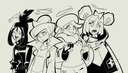  4five1 dendra_(pokemon) female_only femsub iono_(pokemon) melony_(pokemon) monochrome multiple_girls pokemon professor_juniper white_hair 