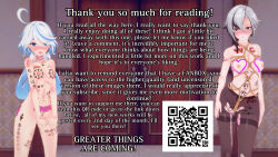  3d advertisement animal_ears arlecchino_(genshin_impact) black_hair blue_eyes bottomless breasts closed_eyes dannos dialogue english_text female_only femsub furina_(genshin_impact) genshin_impact multicolored_hair multiple_girls multiple_subs nipples nude qr_code swimsuit text topless white_hair 