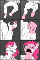 blush clock-face comic corruption furry hooves horse_boy horse_girl malesub my_little_pony non-human_feet open_mouth original pink_hair pinkie_pie short_hair text torn_clothes transformation twinning
