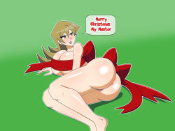 absurdres alexis_rhodes bottomless breasts christmas dialogue dlobo777 empty_eyes female_only femsub happy_trance large_breasts nude ribbon_bondage speech_bubble tagme text topless yu-gi-oh! yu-gi-oh!_gx