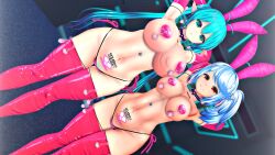 3d ahoge arcs_custom_services_(esther_r18) armpits arms_above_head barcode bikini blue_hair boots breasts bunny_ears collar condom condom_accessories crotch_tattoo custom_maid_3d_2 cyan_eyes cyan_hair earrings elf_ears esther_r18 fake_animal_ears female_only femsub gloves hair_ornament heart_pasties high_heels huge_breasts large_breasts looking_at_viewer multiple_girls multiple_subs opera_gloves pasties pubic_hair red_hair rubber sex_toy side_ponytail smile tattoo tech_control thick_thighs thigh_boots thighhighs twintails uchinoko_esther_(esther_r18)