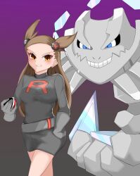 alternate_costume androgynous_sub angry blue_eyes blush breasts brown_hair chabo_crown clothed eye_color_change femsub gloves hand_on_hip jasmine looking_at_viewer nintendo pokeball pokemon pokemon_(creature) pokemon_gold_silver_and_crystal pokemon_red_green_blue_and_yellow purple_background simple_background steelix team_rocket thighs unhappy_trance uniform very_long_hair yellow_eyes