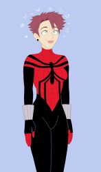 breasts brown_hair costume dazed drool female_only femsub happy_trance marvel_comics may_mayday_parker plsgts short_hair solo spider-girl spider-man_(series) standing standing_at_attention super_hero