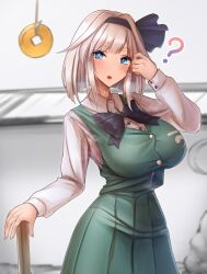 akehi_yuki bangs blue_eyes bow bow_tie breasts breath coin confused eyebrows_visible_through_hair female_only femsub hair_band large_breasts open_mouth outdoors pendulum shirt short_hair skirt solo steam sweat touhou vest white_hair youmu_konpaku 
