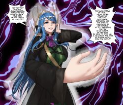 alternate_costume aura blue_eyes blue_hair breasts corruption cosplay crown dragon dragon_girl english_text evil_smile femsub fire_emblem fire_emblem_engage hand_on_head happy_trance hyacinth_(fire_emblem) long_hair looking_at_viewer lumera_(fire_emblem) maledom possession smile speech_bubble text umbra_callistis