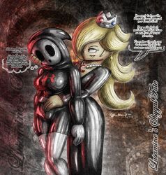 alternate_color_scheme ameerashourdraws blonde_hair bodysuit clothed complex_background crossover crown dialogue dress dronification earrings enemy_conversion evil_smile female_only femdom femsub gloves hair_covering_one_eye hoodie hypnotized_hypnotist large_breasts latex limp lusamine mask milf necklace nintendo pokemon princess_rosalina red_eyes resisting shyguy signature smile speech_bubble standing super_mario_bros. super_mario_galaxy team_rocket text thighhighs thought_bubble