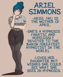  ariel_simmons belt blue_eyes blue_hair breasts character_profile clothed english_text female_only femsub happy_trance high_heels jewelry large_breasts legs milf necklace original pantyhose pstash shirt side_slits simple_background skirt solo standing text 