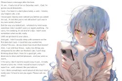  blue_hair blush caption caption_only cell_phone dialogue female_only femsub hair_ornament happy_trance long_hair maledom monsieurchuchote_(writer) original phone pillow shy simple_background smile sweater text unaware white_background wholesome yejji yellow_eyes 