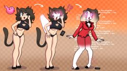  before_and_after charlie_(hazbin_hotel) femsub hazbin_hotel identity_swap large_breasts mantra possession shellstro spiral_eyes spiralwash_eyes tail text tongue_out transformation 