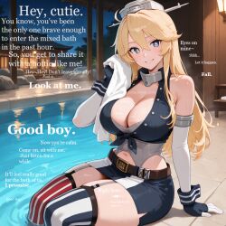 ai_art bare_shoulders blonde_hair blue_eyes breasts caption cleavage clothed dialogue english_text femdom gloves good_sub_conditioning hat hot_spring iowa_(kantai_collection) kantai_collection large_breasts looking_at_viewer manip midriff navel night opera_gloves outdoors pov pov_sub robespierre_(manipper) sitting smile symbol_in_eyes text thick_thighs thighhighs towel very_long_hair