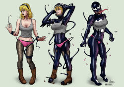  alien blonde_hair boots cleavage clothed confused corruption femsub gwen_stacy headband marvel_comics panties sharp_teeth spider-man_(series) symbiote tank_top tights tongue tongue_out torn_clothes transformation venom_(marvel) whatiwrote 