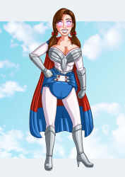 age_regression blush breasts brown_hair cape cleavage diaper female_only femsub happy_trance high_heels jamjarmonster josie_stronghold large_breasts sky_high smile solo spiral_eyes super_hero symbol_in_eyes twintails
