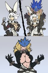 absurdres alternate_costume alternate_hair_color bandai_namco beelstarmon blonde_hair breast_expansion breasts cleavage clothed corruption crossover digimon elphelt_valentine eye_color_change femsub fingerless_gloves gloves green_eyes guilty_gear heart heart_eyes huge_breasts inkystickymcgee large_breasts long_hair midriff navel possession red_eyes short_hair simple_background smile third_eye white_hair