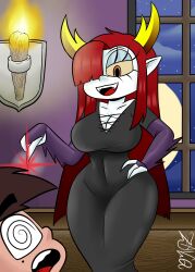 absurdres brown_hair disney evil_smile fangs femdom hekapoo horns hypnotic_fingers malesub marco_diaz night open_mouth red_hair smile spiral_eyes star_vs_the_forces_of_evil surprised symbol_in_eyes vampire zaicomaster14