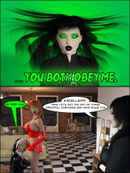  3d black_hair blonde_hair costume female_only femdom femsub green_eyes halloween preview red_hair text theheckle witch 