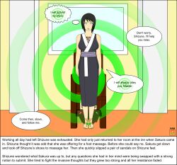  black_hair breasts dialogue empty_eyes femsub large_breasts nabs001 naruto_(series) sandals shizune short_hair spiral text 