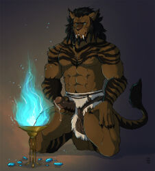  cat_boy cbh crystal erection fangs flame furry happy_trance hypnotic_fire hypnotic_light kneeling loincloth male_only malesub masturbation muscle_boy penis precum simple_background solo topless 