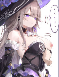  bangs bare_shoulders breasts brown_hair expressionless female_only femsub hat herta_(honkai_star_rail) honkai_star_rail large_breasts long_hair nipples no_bra one_breast_out phantom_hand purple_eyes simple_background solo spiral_eyes standing standing_at_attention symbol_in_eyes tomas_(tomasupso2) white_background witch_hat 