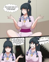 ace_attorney black_hair breasts capcom comic dahlia_hawthorne english_text evil_smile female_only femsub ghost long_hair maya_fey migirider ponytail possession smile surprised text unhappy_trance