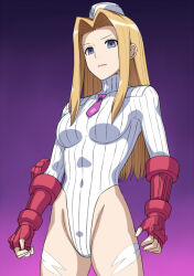  beret blonde_hair blue_eyes breasts capcom corruption cosplay empty_eyes expressionless female_only femsub hai_(h81908190) hat large_breasts latex leotard long_hair looking_at_viewer mint_adenade shadaloo_dolls solo standing standing_at_attention street_fighter tales_of_(series) tales_of_phantasia tie 