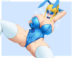  armpits arms_above_head blonde_hair blue_eyes blush bow_tie bunny_ears bunnysuit cleavage deepspaceart fake_animal_ears femsub gloves headphones huge_breasts hypnotic_accessory long_hair masturbation metroid_(series) mole nintendo ponytail pussy_juice ring_eyes samus_aran simple_background spread_legs sweat thighhighs visor white_background 
