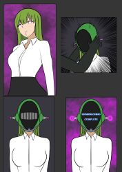  absurdres ahoge before_and_after clefla comic dazed dialogue femdom femsub green_hair hard_translated hypnotized_dom hypnotized_hypnotist long_hair long_skirt office_lady olivia_(clefla) original shirt simple_background skirt standing_at_attention tagme tech_control text translated 
