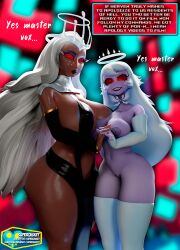 3d blender bottomless breasts crown dark_skin dialogue emily_(hazbin_hotel) english_text eyeshadow femsub halo happy_trance hazbin_hotel holding_hands huge_breasts large_breasts lingerie lipstick looking_at_viewer makeup maledom purple_skin pussy sera_(hazbin_hotel) supercasket text thick_thighs thighhighs thighs topless very_long_hair vox white_hair