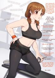  altered_common_sense bangs breasts breath brown_eyes brown_hair dialogue earbuds empty_eyes exercise eyebrows_visible_through_hair female_only femsub gym hand_on_hip hypnotic_accessory hypnotic_audio idolmaster_cinderella_girls kamille_(vcx68) leaning_forward leggings manip mantra midriff navel open_mouth pantyhose sanae_katagiri shoes short_shorts shorts sneakers solo sports_bra sportswear standing subliminal sweat tank_top tech_control text the_idolm@ster tied_hair twintail_lord_(manipper) twintails wrist_band 