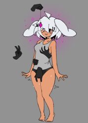  ahoge bare_shoulders barefoot blush bunny_ears bunny_girl cleavage crystal drool female_only femsub flick_(woot) grey_background groping hair_ornament happy_trance heterochromia masturbation original panties pendulum phantom_hand short_hair simple_background spiral standing standing_at_attention sweat tan_skin wet_clothes white_hair woot 