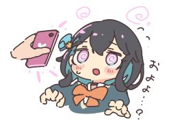  blush chibi femsub heart hypnotic_screen japanese_text miyamai_moca multicolored_eyes multicolored_hair open_mouth phantom_hand phone sakamoto_ahr simple_background spiral spiral_eyes symbol_in_eyes tech_control text voicespeak white_background 