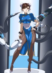  brown_eyes brown_hair bzurrrf capcom china_dress chun-li earrings expressionless female_only hair_buns hand_on_hip high_heels looking_at_viewer mechanical_arm needle pantyhose posing sequence short_hair standing street_fighter tentacles 