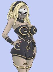  absurdres blonde_hair breasts bzurrrf cleavage female_only femsub gravity_rush hand_on_hip headband kat_(gravity_rush) large_breasts long_hair mask nipples open_mouth red_eyes smile solo 