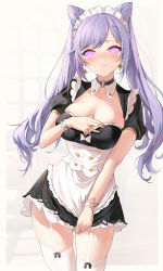 blush breasts cleavage earrings female_only femsub garter_straps genshin_impact glowing glowing_eyes jewelry keqing large_breasts long_hair looking_at_viewer maid maid_headdress manip misterman4_(manipper) pink_eyes purple_hair spiral_eyes symbol_in_eyes tagme thighhighs twintails yumaomi