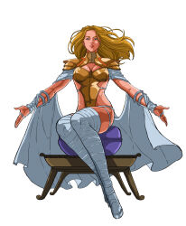 alternate_costume blonde_hair blue_eyes breasts cleavage cleavage_cutout corruption emma_frost femsub long_hair looking_at_viewer marvel_comics phoenix_force possession sitting thigh_boots thighhighs thighs toni_ardianto white_background x-men