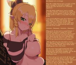blonde_hair breasts caption caption_only elf elf_ears femdom green_eyes huge_breasts hypnotic_breasts large_breasts leafa looking_at_viewer manip nipples pov pov_sub shirt_lift sword_art_online text tigersaber whippoorwill_(manipper)