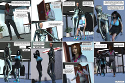 3d absurdres bodysuit comic drone female_only femsub glasses latex liquid_metal original robotization text transformation uzobono