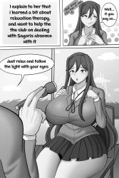  absurdres breasts chair clothed comic dialogue doki_doki_literature_club english_text faceless_male femsub greyscale huge_breasts hypnotic_light long_hair maledom sitting tagme text the_iron_mountain therapist traditional_hypnosis yuri_(doki_doki_literature_club) 