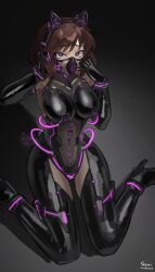  absurdres bangs blue_eyes boots breast_sucking breasts brown_hair cat_ears cuffs evilfall_(yaokisub) fake_animal_ears female_only femsub freya_(spartan09) gas_mask geni2 gloves grey_background headphones high_heels kneeling latex leotard looking_at_viewer milking milking_machine opera_gloves original rubber see-through short_hair signature simple_background sitting tech_control thigh_boots thighhighs tubes 