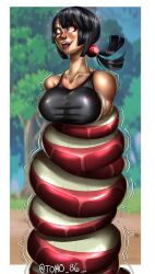  absurdres bangs black_hair breasts clothed coils collarbone dark_skin eye_roll female_only femsub forest happy_trance huge_breasts kaa_eyes nintendo open_mouth outdoors pokemon pokemon_omega_ruby_and_alpha_sapphire ponytail red_eyes restrained ring_eyes short_hair signature snake tank_top tight_clothing tomo86 trembling zinnia 