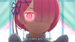 bow femdom hair_covering_one_eye hypnotic_eyes ivatent_(manipper) maid manip pink_hair pov pov_sub ram_(re:zero) re:zero_starting_life_in_another_world smile spiral symbol_in_eyes text